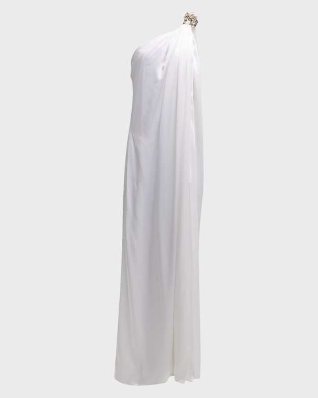Satin One-Shoulder Gown with Embellished Detail